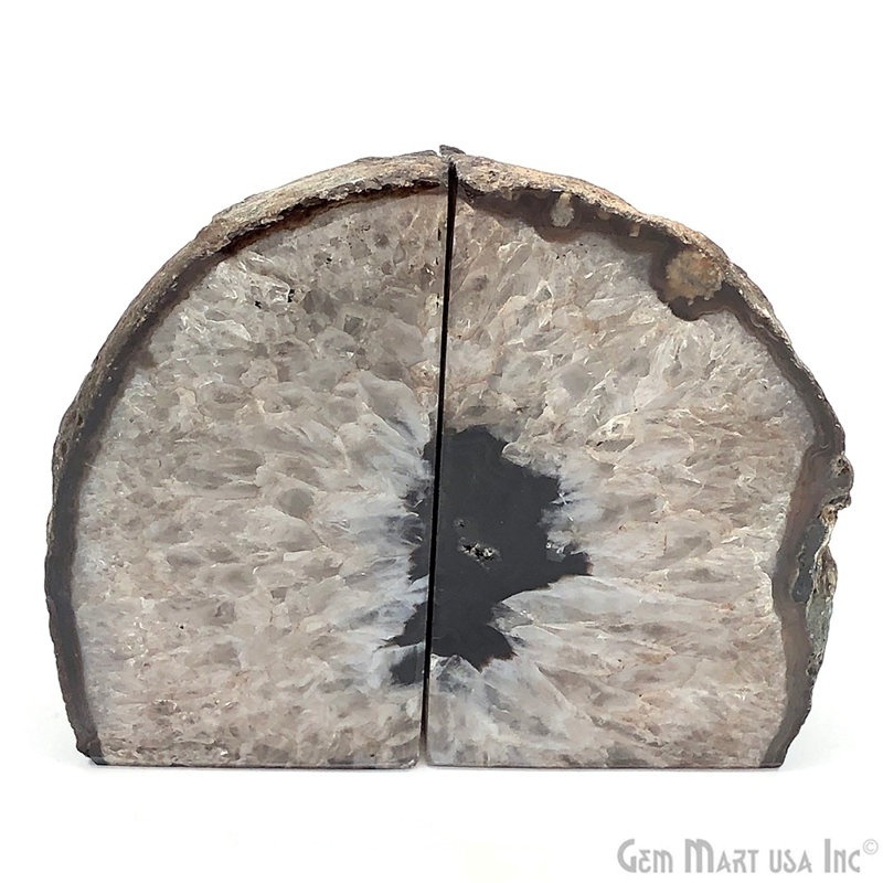 GEMMART USA Black Geode Bookend, Unique Agate Bookend Pair, Mineral